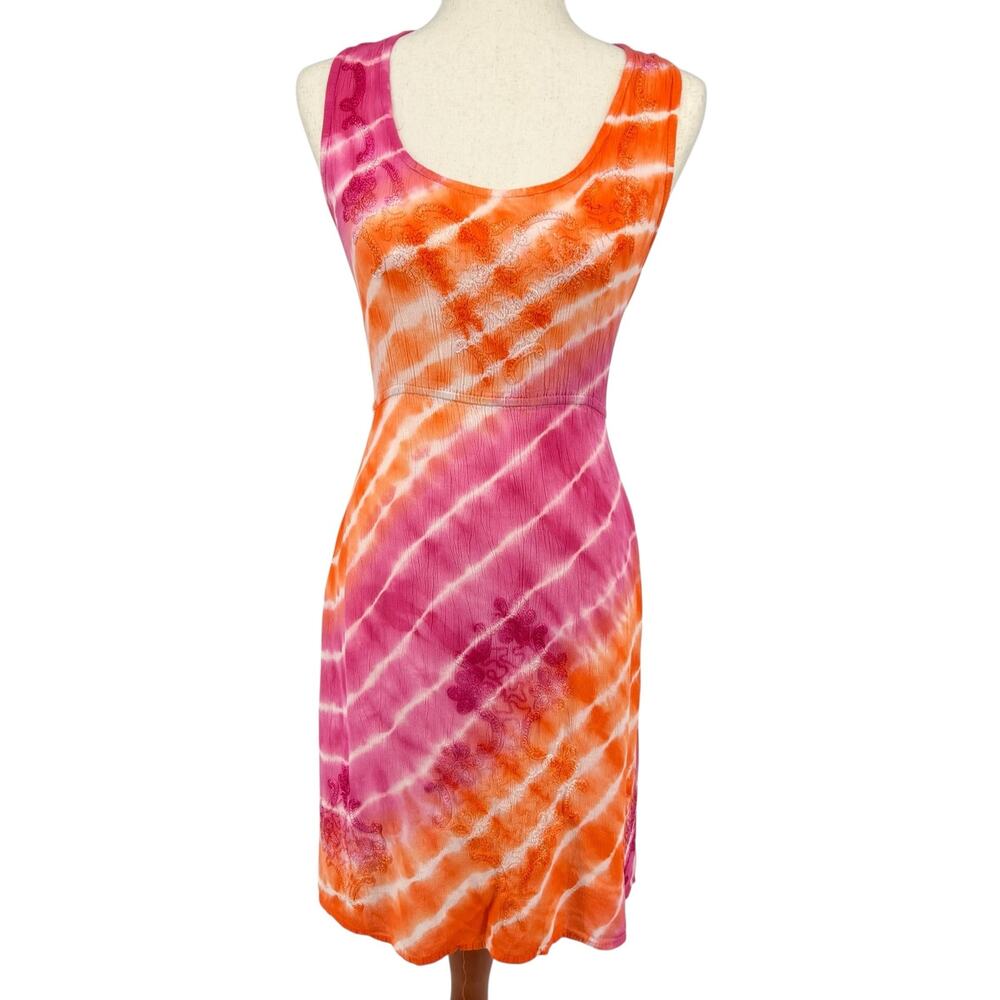 VTG 90s y2k Women's Pink Orange Floral Embroidered Raya Sun Tie Dye Dress Sz S